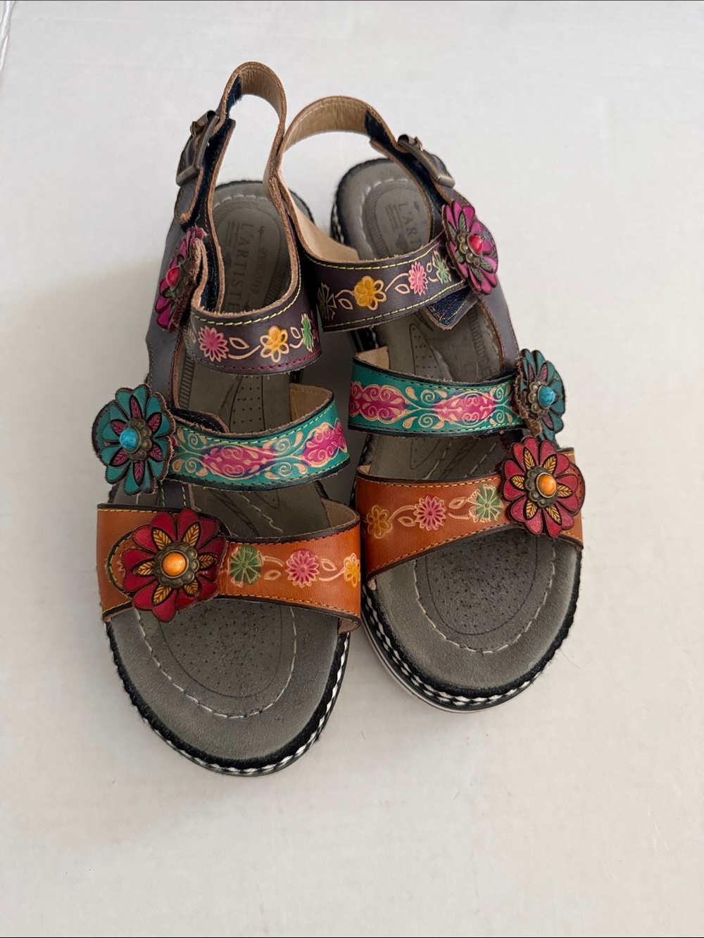 Colorful Hand Painted Floral Multi-Color Leather Sandals